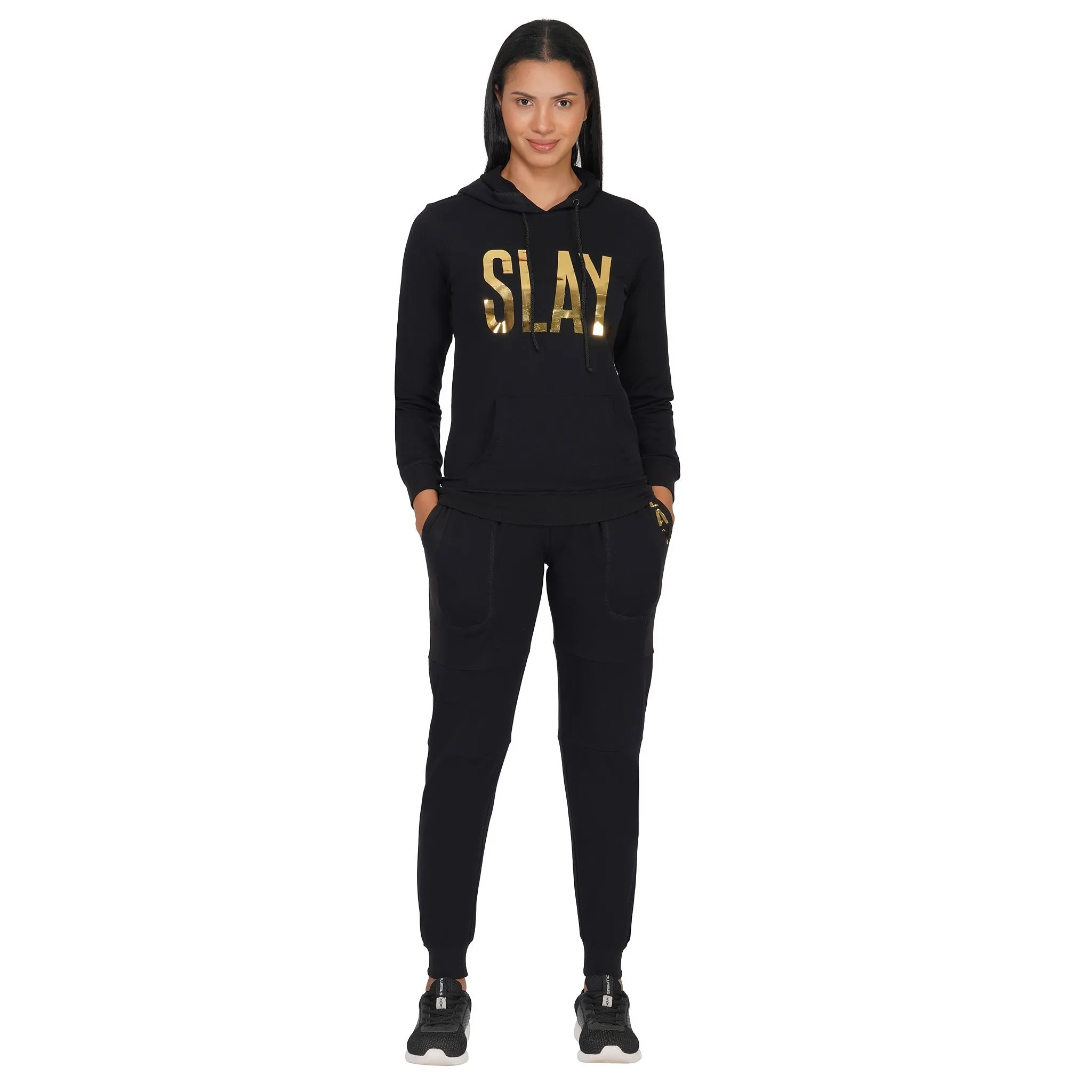 SLAY. Classic Women's Limited Edition Gold Mirror Foil Print Black Joggers