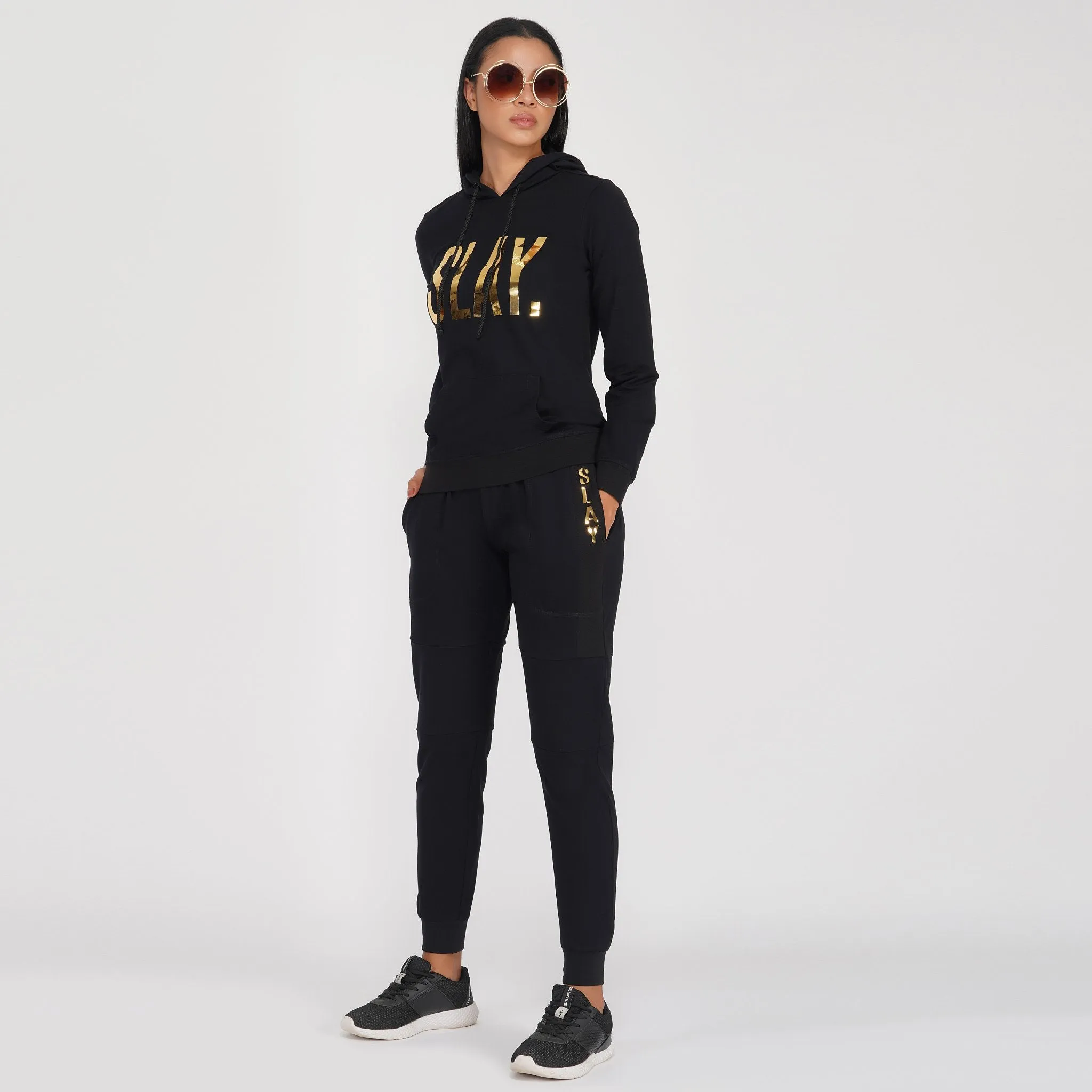 SLAY. Classic Women's Limited Edition Gold Mirror Foil Print Black Joggers