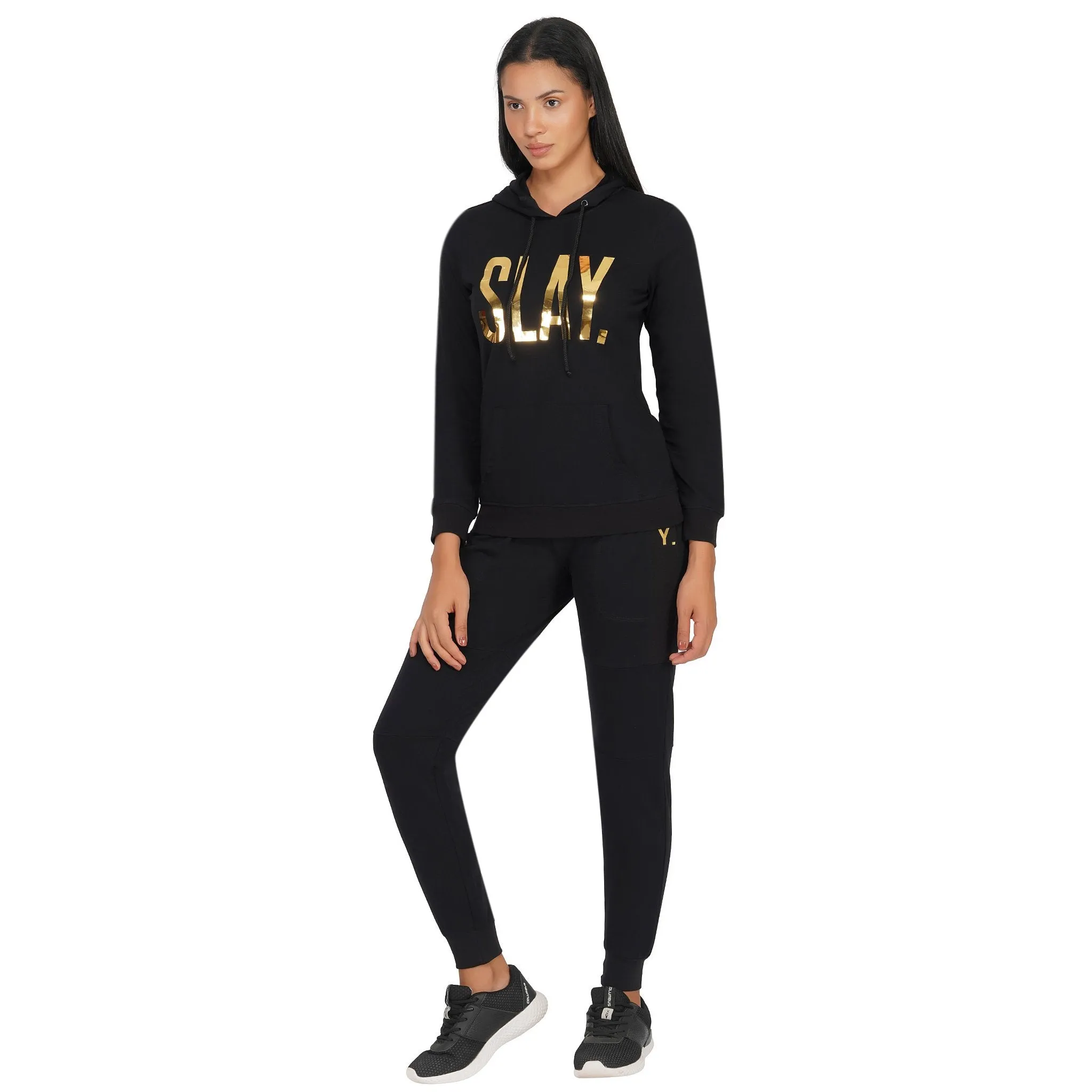 SLAY. Classic Women's Limited Edition Gold Mirror Foil Print Black Joggers