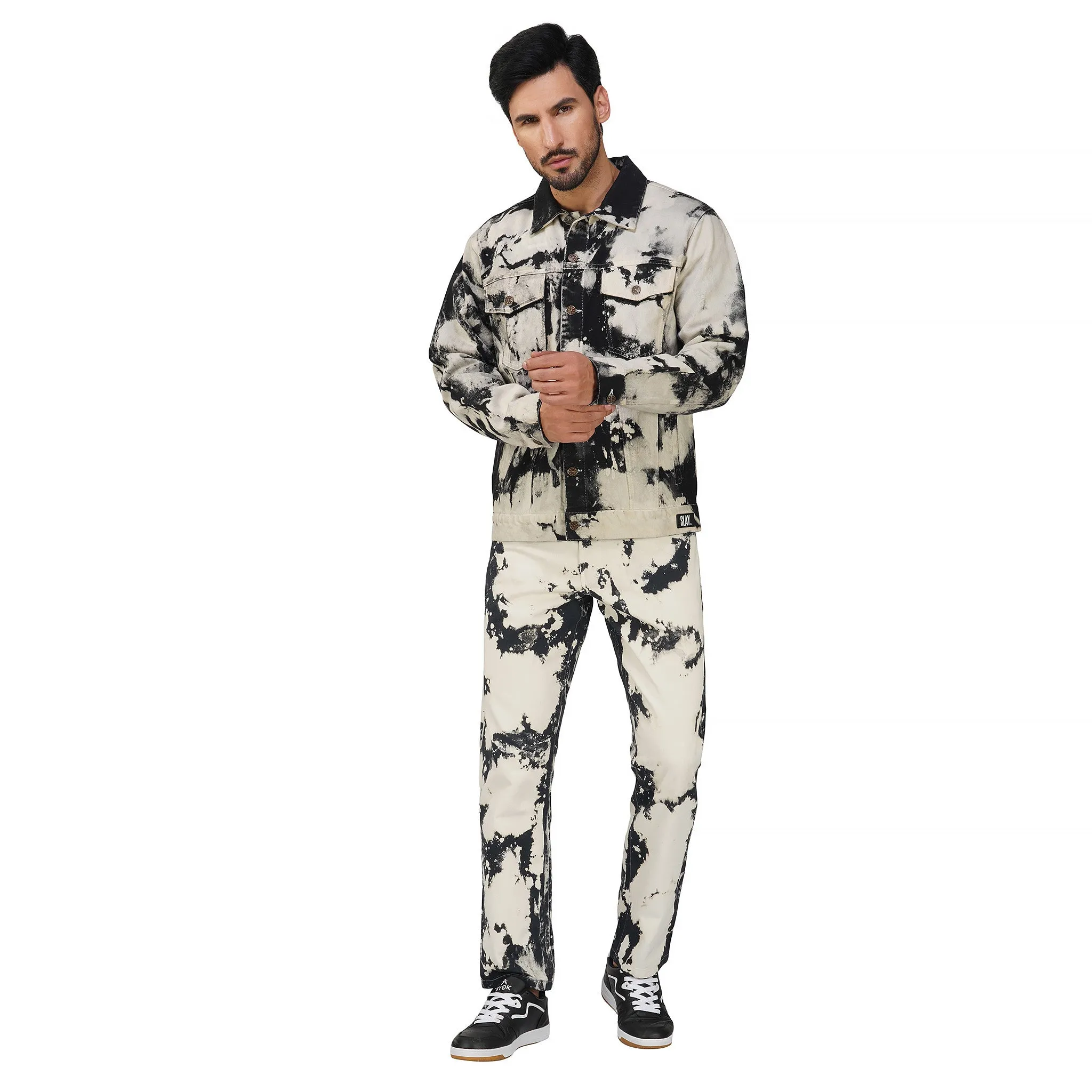 SLAY. Men's White & Black Tie Dye Denim Jacket & Jeans Co-ord Set