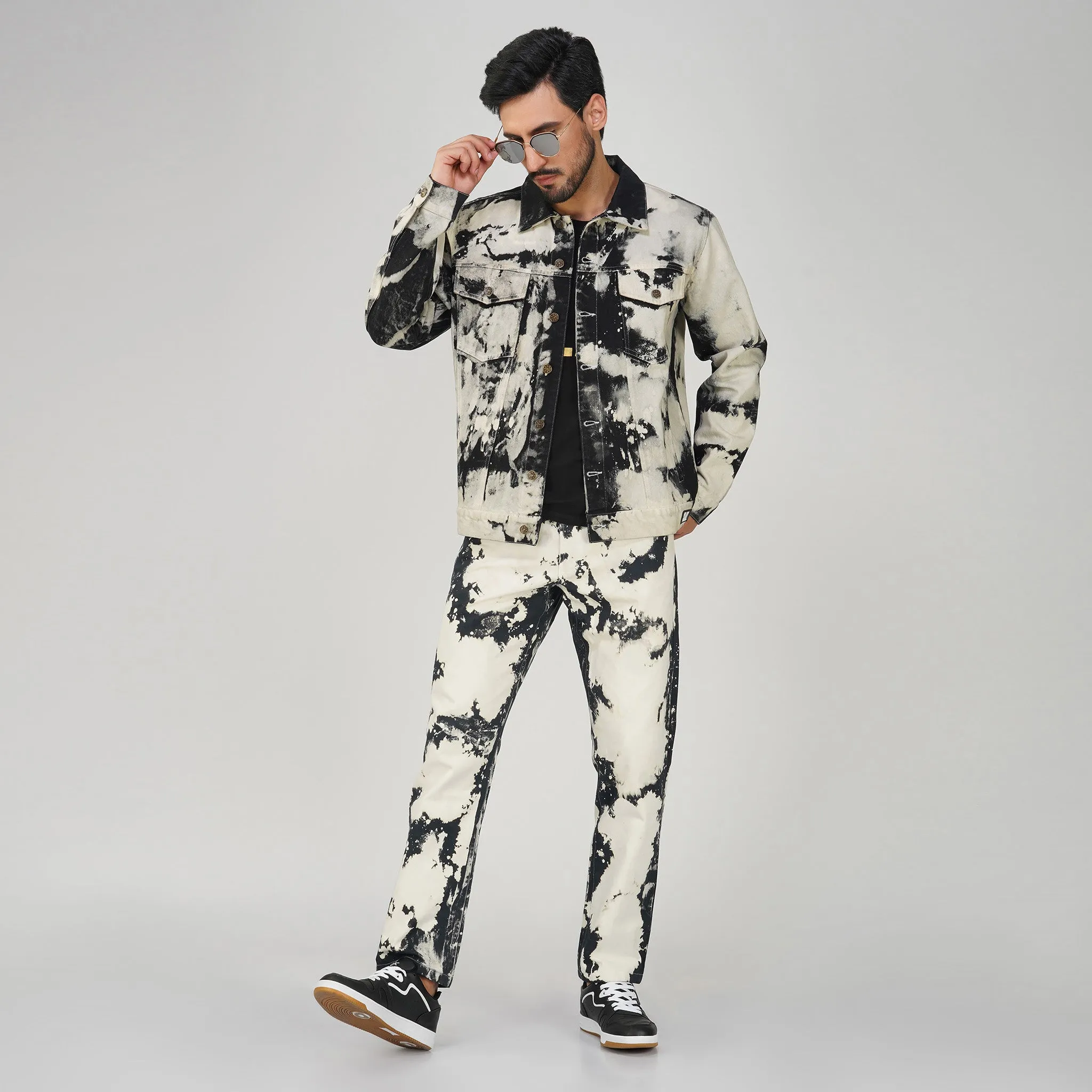 SLAY. Men's White & Black Tie Dye Denim Jacket & Jeans Co-ord Set