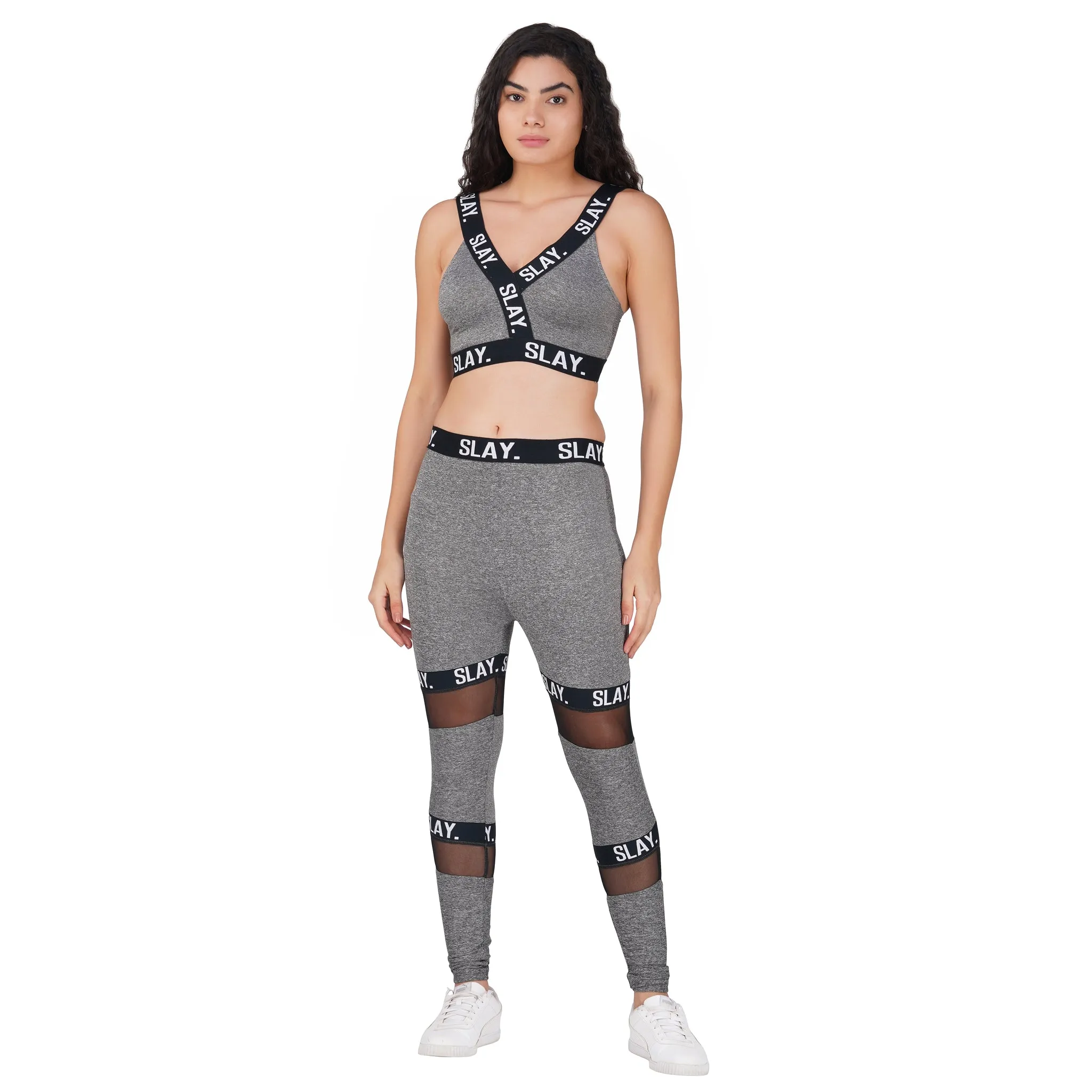 SLAY. Sport Women's Activewear Full Sleeves Crop Top And Pants Co-ord Set Grey