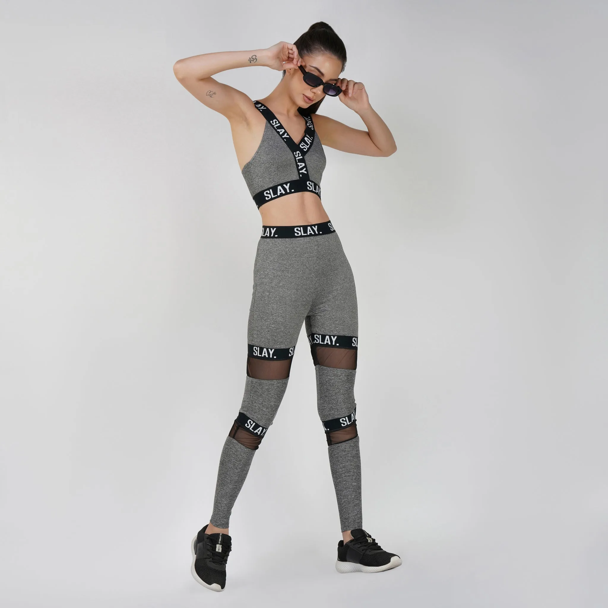 SLAY. Sport Women's Activewear Full Sleeves Crop Top And Pants Co-ord Set Grey