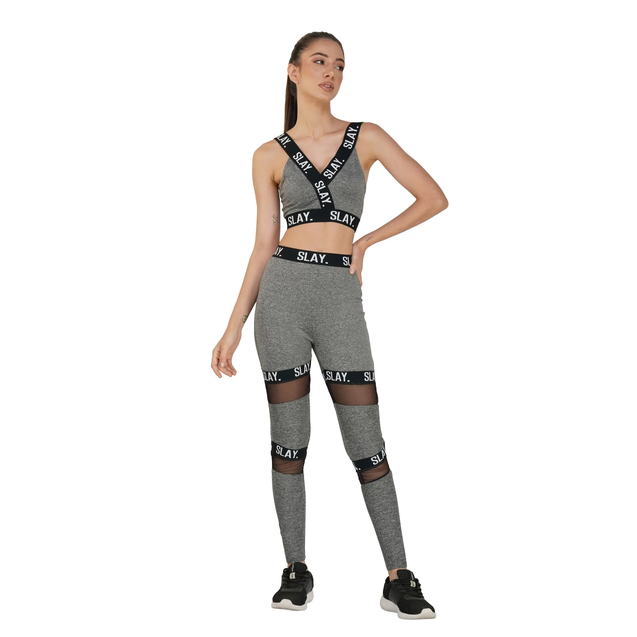 SLAY. Sport Women's Activewear Full Sleeves Crop Top And Pants Co-ord Set Grey