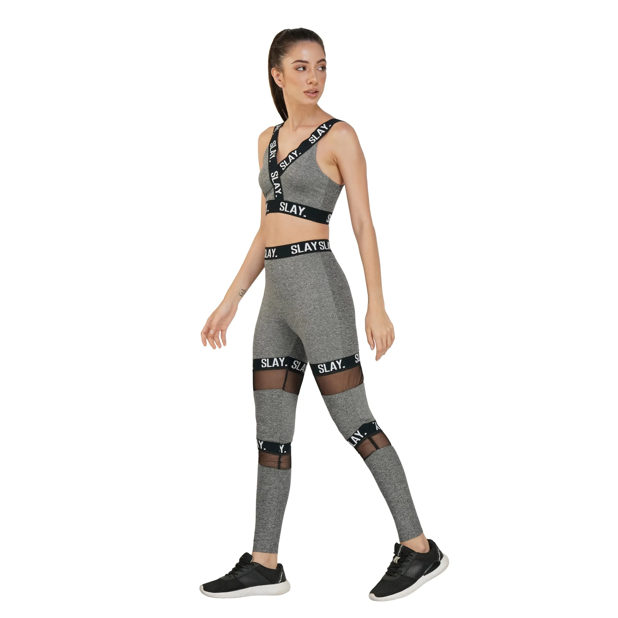 SLAY. Sport Women's Activewear Full Sleeves Crop Top And Pants Co-ord Set Grey