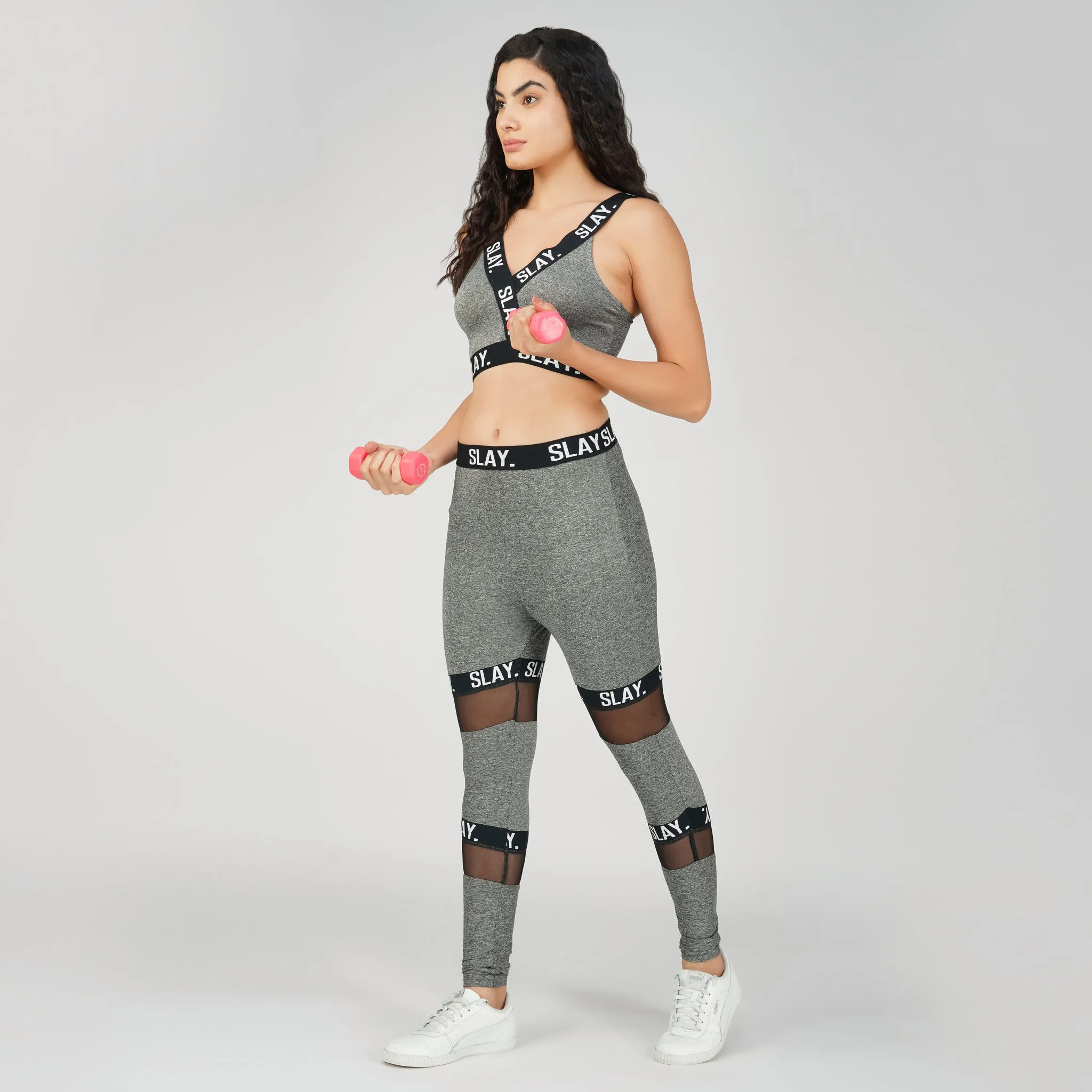 SLAY. Sport Women's Activewear Full Sleeves Crop Top And Pants Co-ord Set Grey