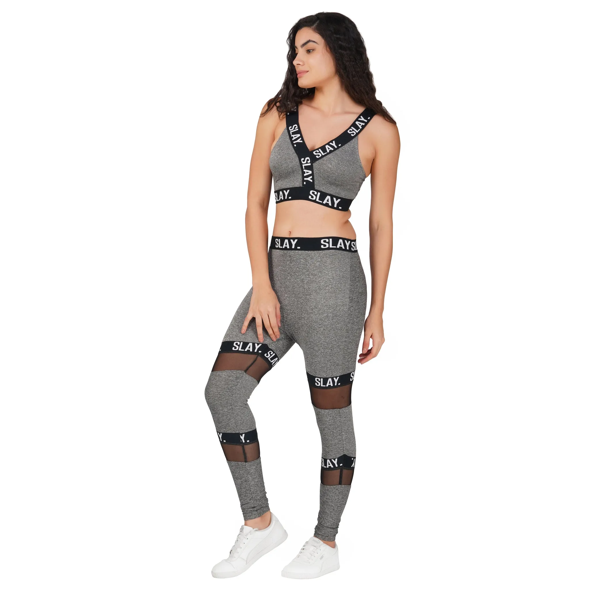 SLAY. Sport Women's Activewear Full Sleeves Crop Top And Pants Co-ord Set Grey