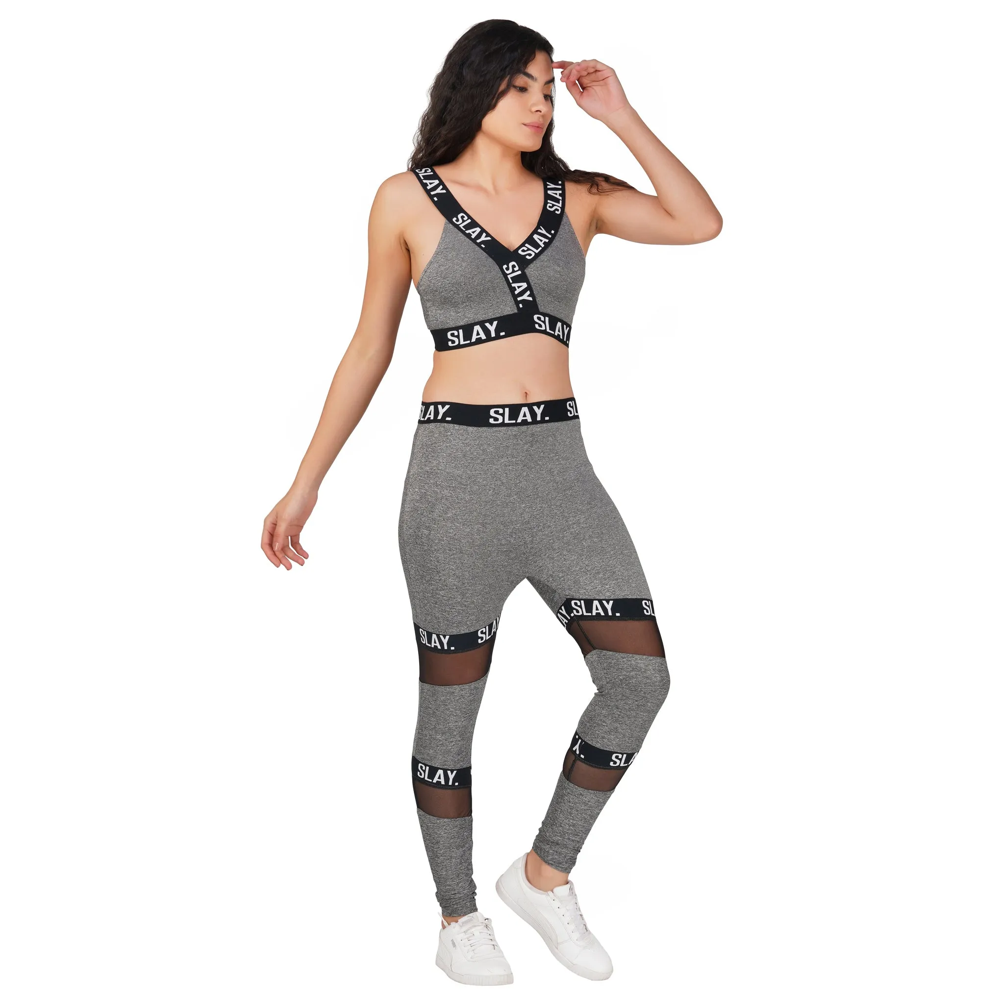 SLAY. Sport Women's Activewear Full Sleeves Crop Top And Pants Co-ord Set Grey