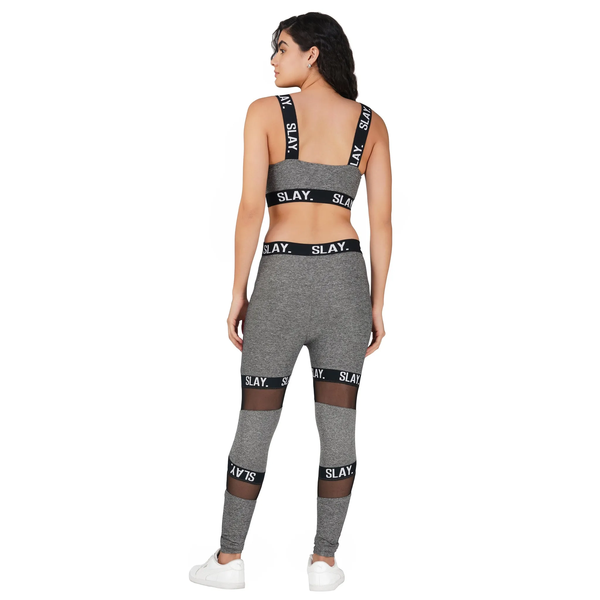 SLAY. Sport Women's Activewear Full Sleeves Crop Top And Pants Co-ord Set Grey