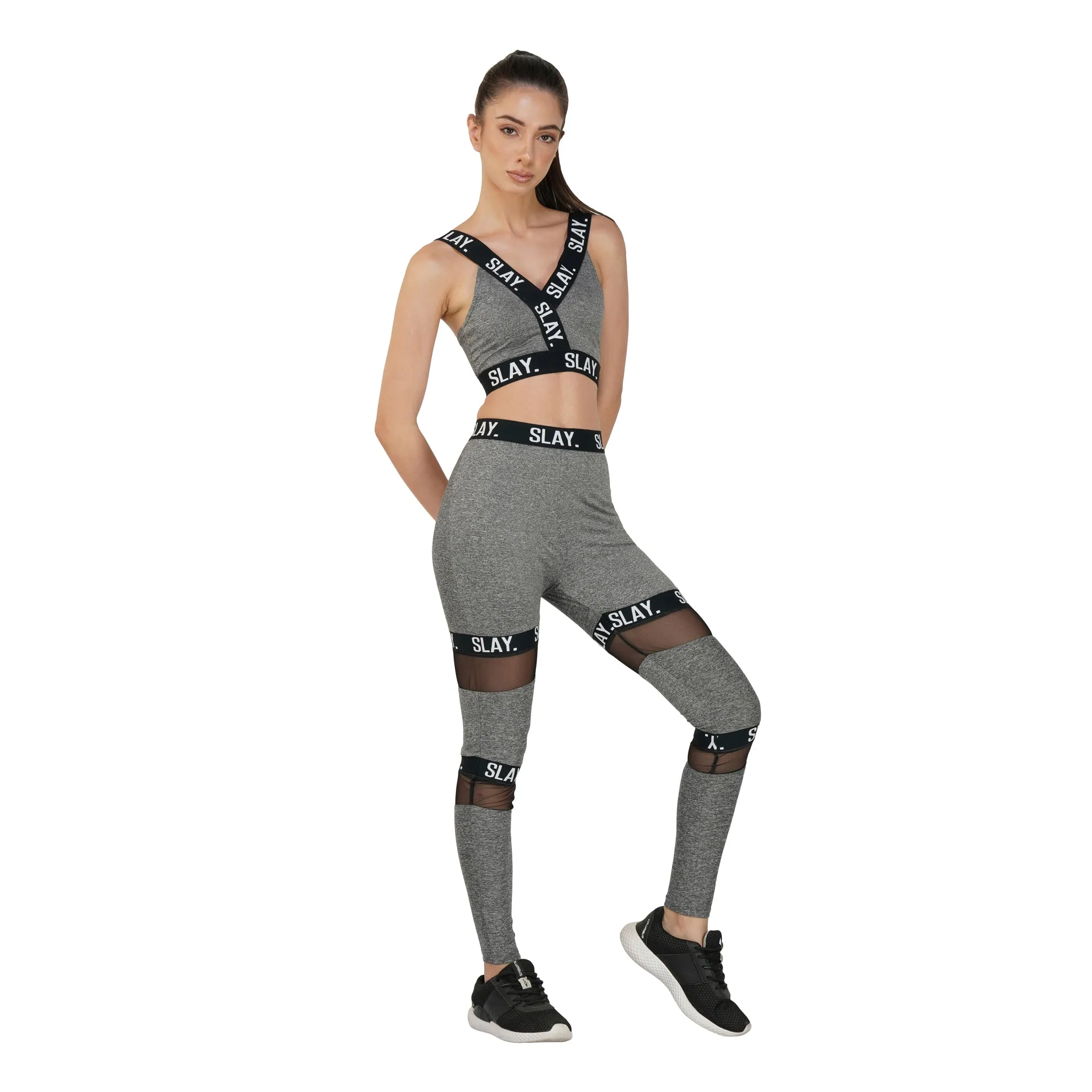 SLAY. Sport Women's Activewear Full Sleeves Crop Top And Pants Co-ord Set Grey