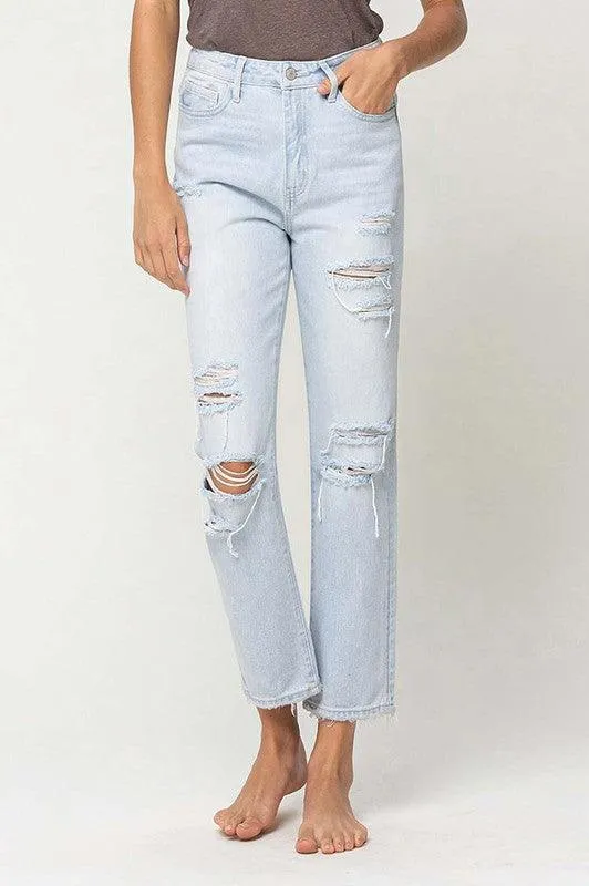 Super High Rise Distressed Cropped Straight Denim