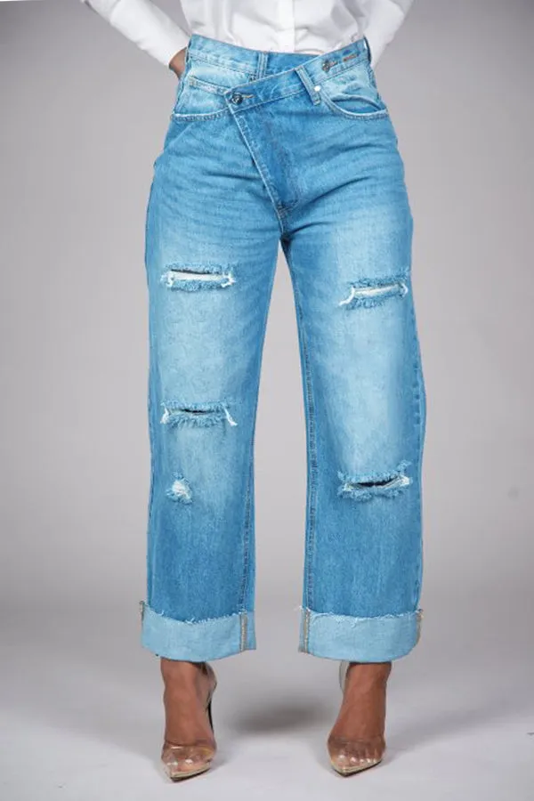 Unique Distressed Ripped Crossover Button Jeans