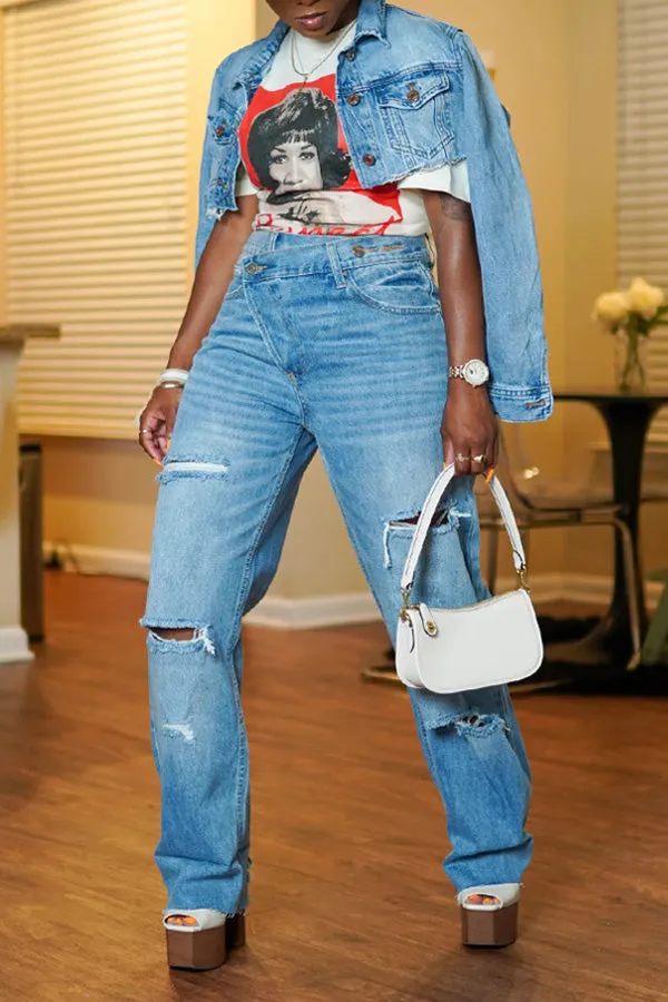 Unique Distressed Ripped Crossover Button Jeans