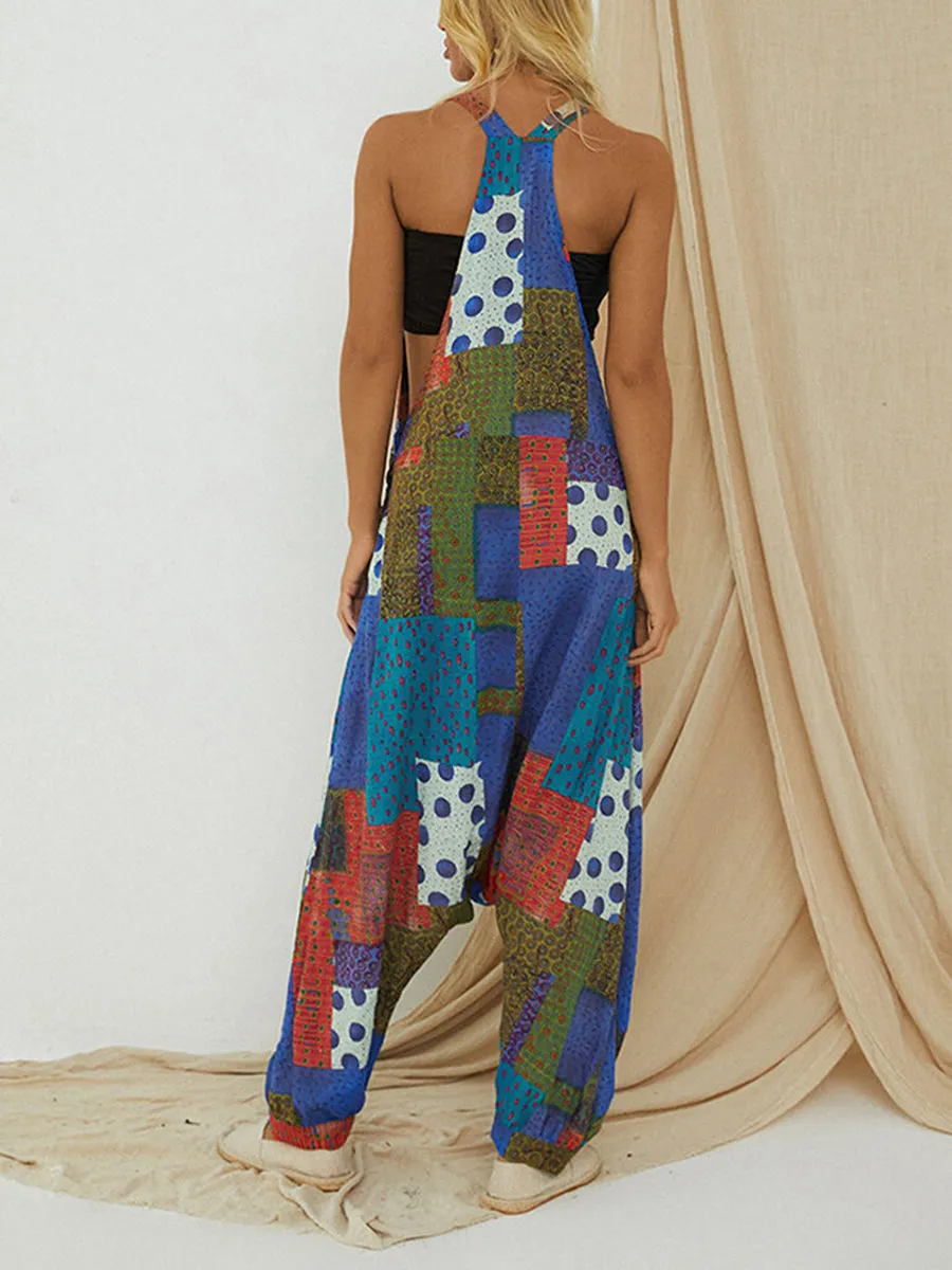 Vintage Printed Sleeveless Loose Overalls Jumpsuit