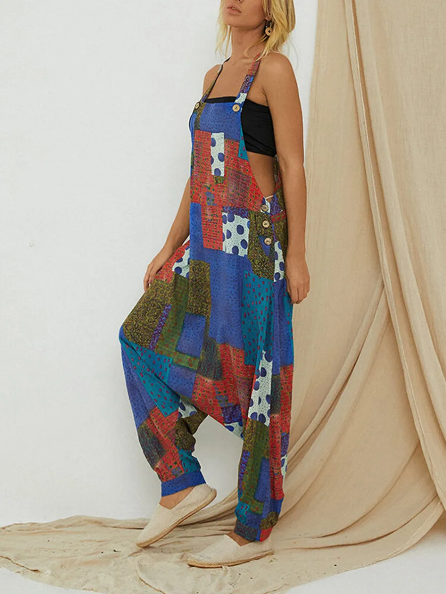 Vintage Printed Sleeveless Loose Overalls Jumpsuit