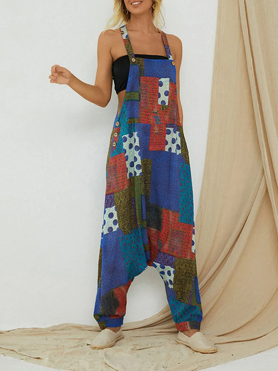 Vintage Printed Sleeveless Loose Overalls Jumpsuit