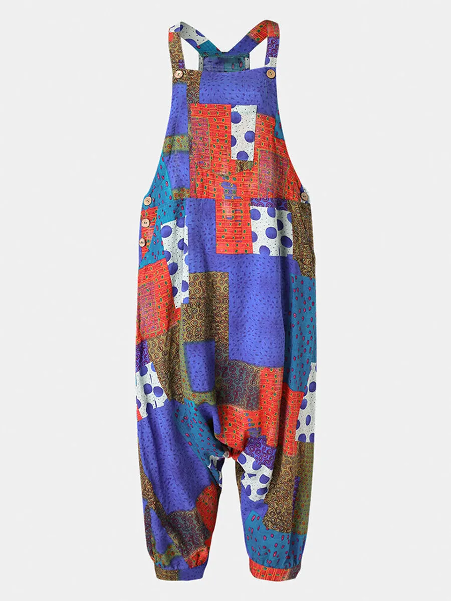 Vintage Printed Sleeveless Loose Overalls Jumpsuit