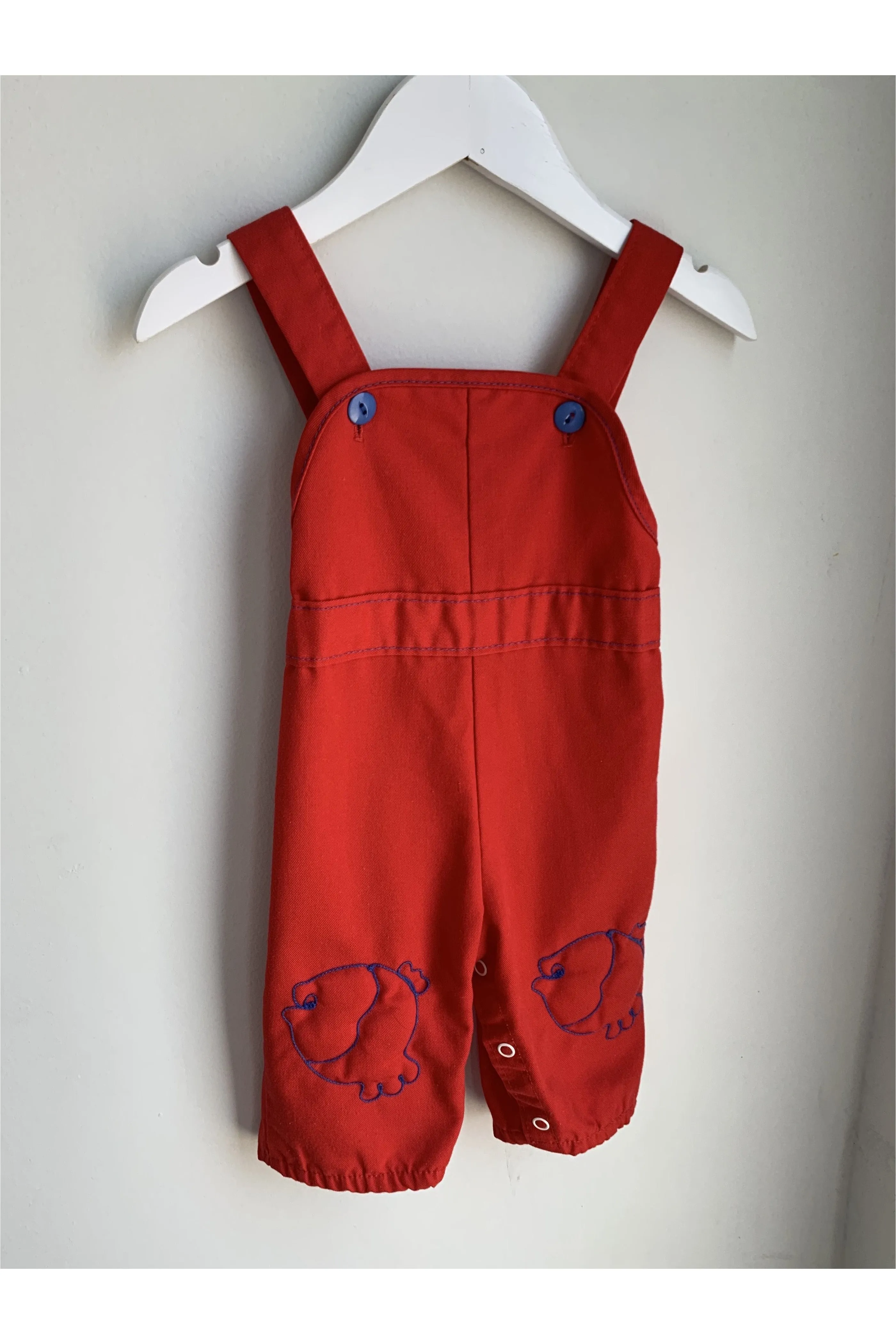 Vintage Red Padded Embroidered Fish Detail Overalls - 24 1/2 to 28 ins., 14-19lbs-