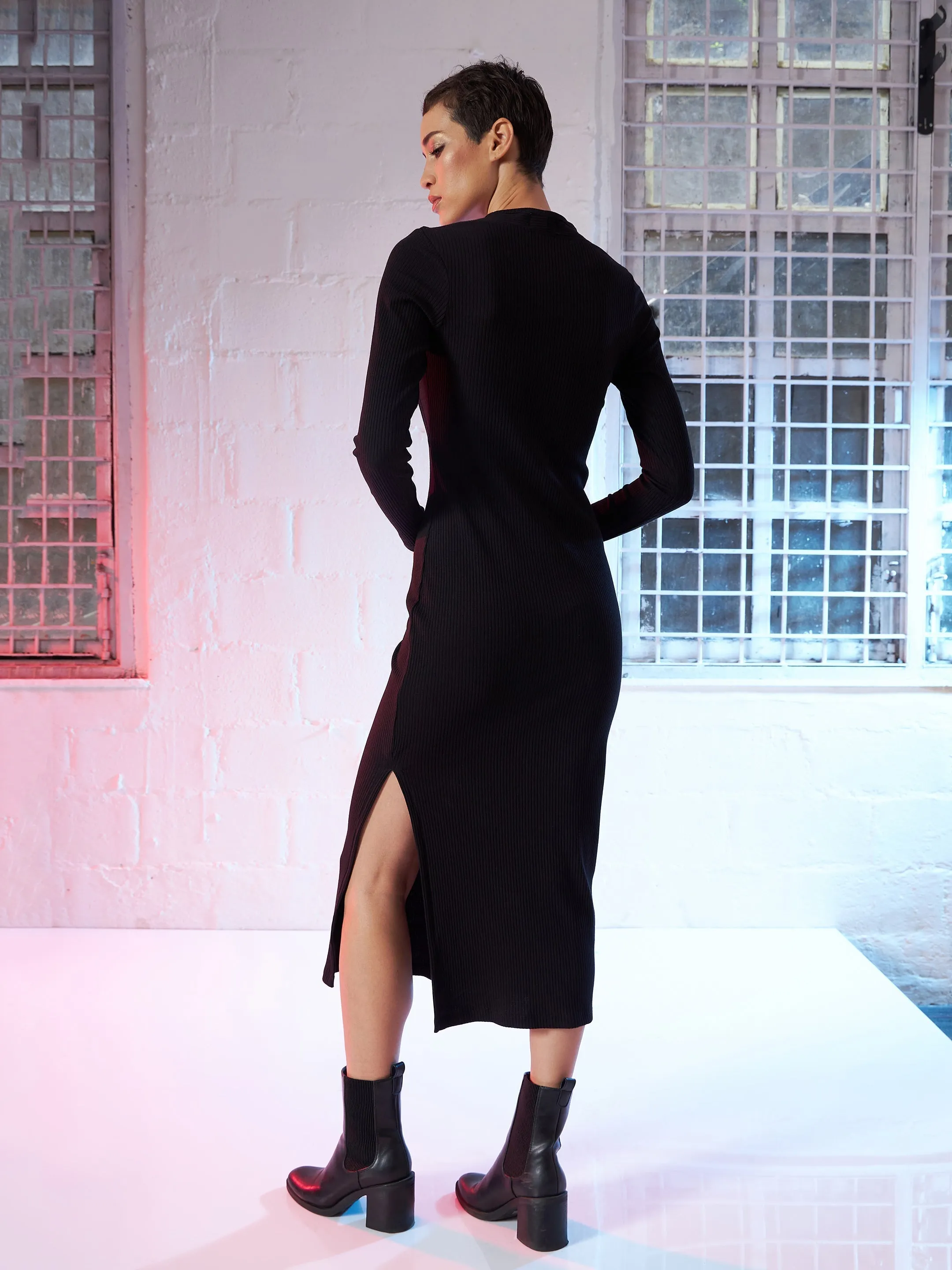 Women Black Rib Side Slit Full Sleeves Bodycon Dress