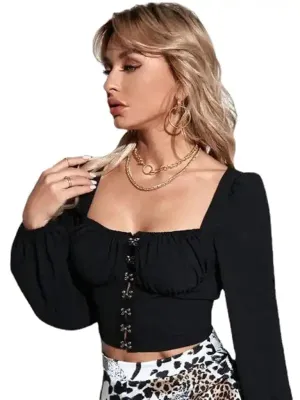 Women’s bubble sleeve collar buckle long sleeve top