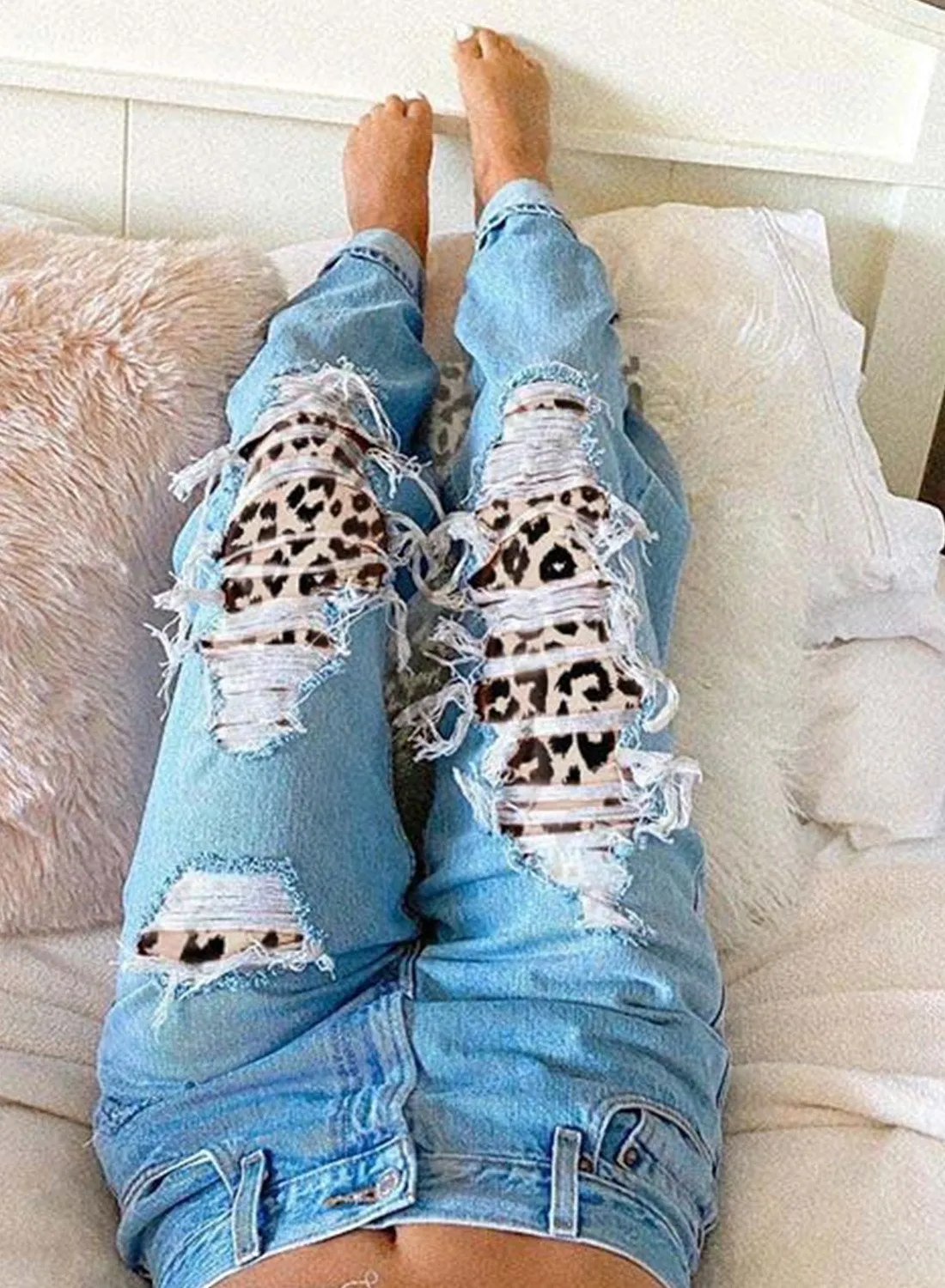 Women's Jeans Ripped Plaid Patch Mid Waist Jeans