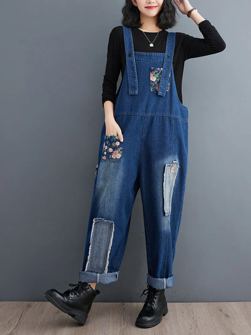 Women's Loose Casual Fashionable Embroidered Overalls Dungarees