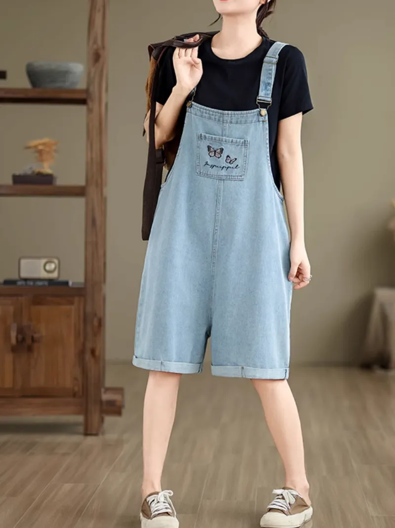 Women's Stylish Embroidered Loose Belly-Covering  Overalls Dungarees