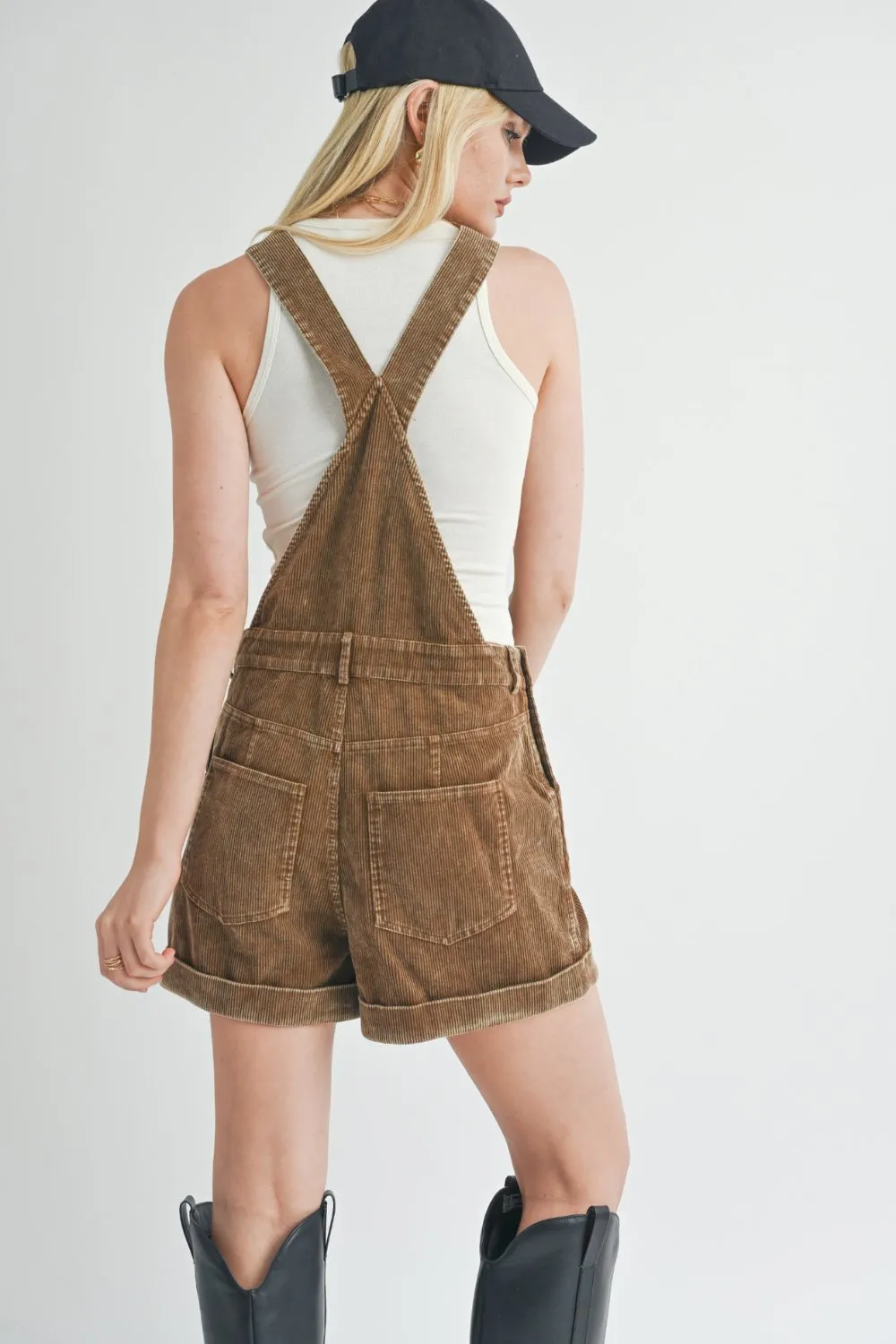 Women's Washed Corduroy Overalls Short Bottoms | Sage The Label | Cotton | Brown