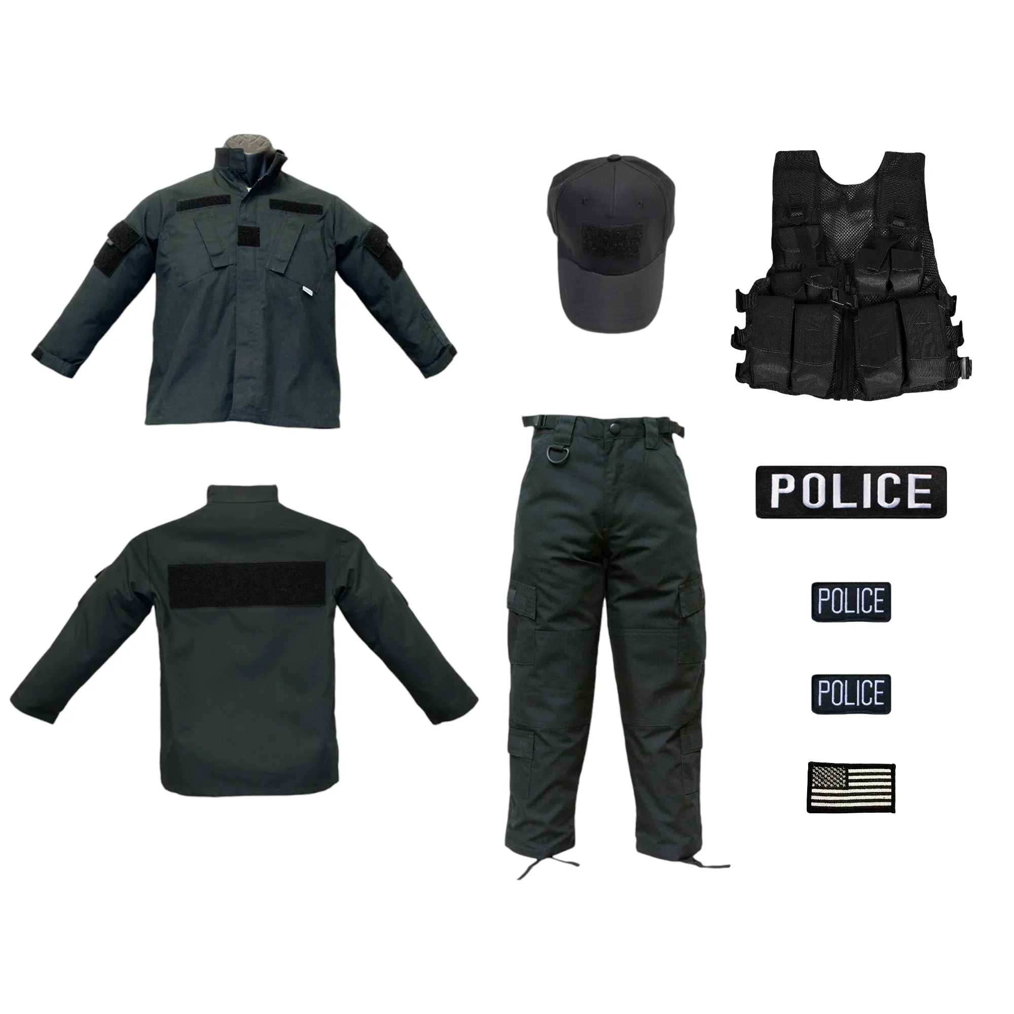 Youth Black Tactical POLICE Uniform  8 PC Combo